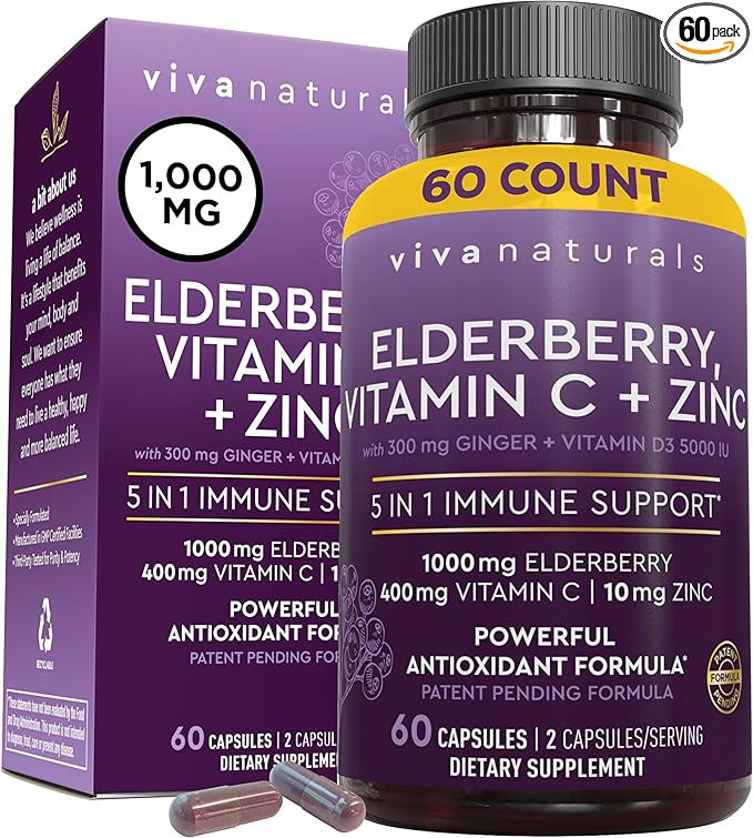 Viva Naturals Sambucus Elderberry with Zinc and Vitamin C for Adults, Vitamin D 5000 IU and Ginge... | Amazon (US)