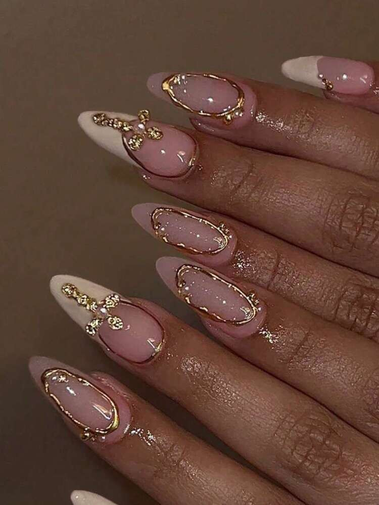 24Pcs Long Almond 3D Gelnails Makes Flower Nails Design French Tip Press On Nails Medium Three-Dimensional Alloy Cross Decoration With Faux Pearl Design Fit Perfectly Acrylic False Nails Set,Include: 1Pc Jelly Glue And 1Pc Nail File, French Almond Tip Nails For Woman Girl Daily Work Festivals Party Use Nail Supplies Nails | SHEIN