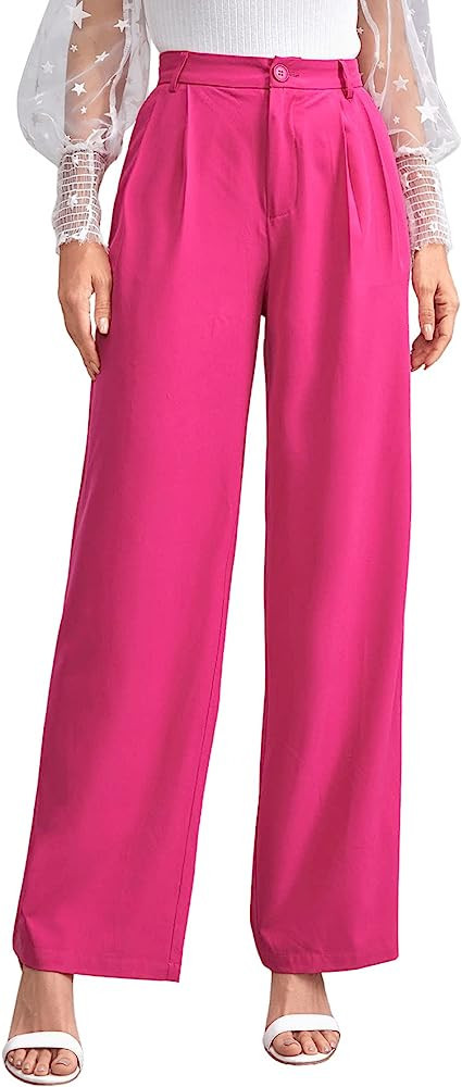 SweatyRocks Women's Casual Wide Leg High Waisted Button Down Straight Long Trousers Pants | Amazon (US)