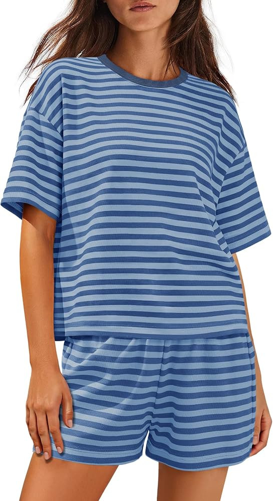 Panadila Womens Striped Short Sets 2 Piece Summer Matching Lounge Sets Short Sleeve T Shirts and ... | Amazon (US)