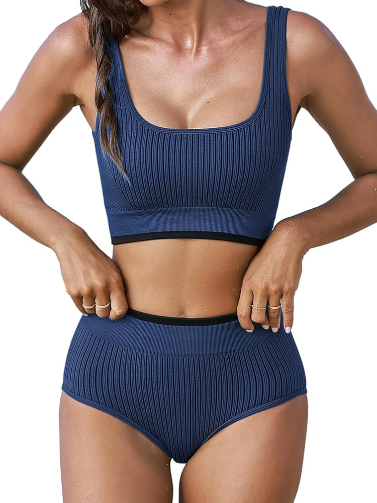 CUPSHE Women's Bikini Sets Two Piece Swimsuit High Waisted Scoop Neck Wide Straps Bathing Suit | Amazon (US)