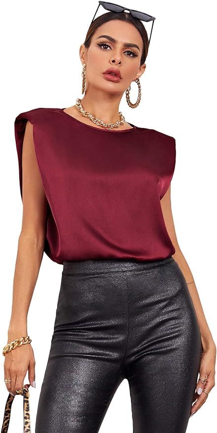 Milumia Women's Elegant Shoulder Pad Sleeveless Satin Top Keyhole Back Solid Blouse | Amazon (US)