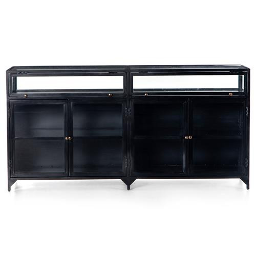 Katren Industrial Loft Clear Tempered Glass Top Black Iron Sideboard | Kathy Kuo Home