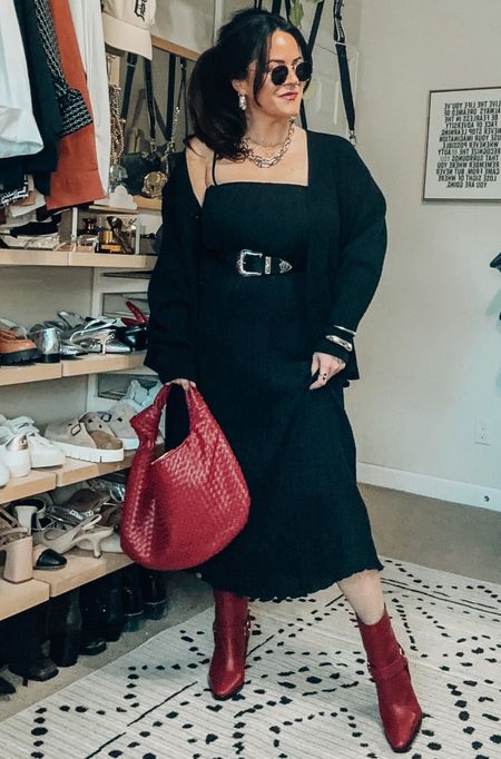 Midsize fall outfit inspo- edgy outfit Black dress xl Cardigan xl Red and oven shoulder bag Red moto boot tts on sale Western belt xl Bangle bracelets Amazon earrings Kiss proof lip color - shade pda

#LTKmidsize #LTKHoliday #LTKHolidaySale