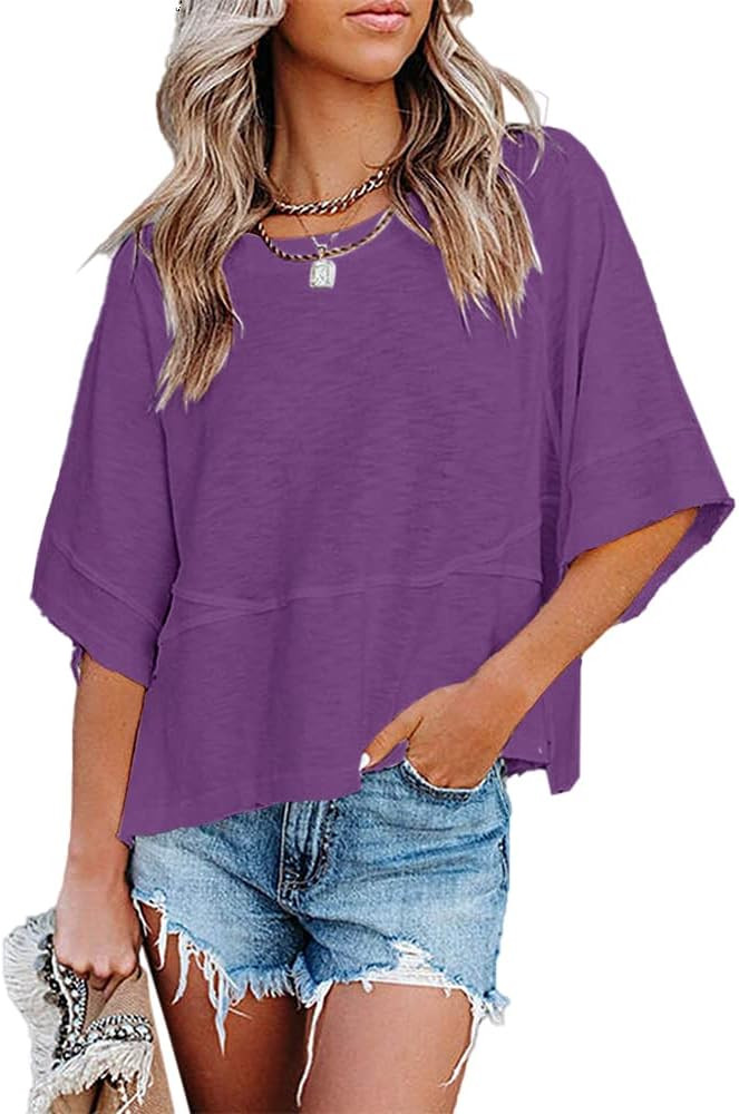 Women's Summer Casual Crewneck Batwing Half Sleeve T-Shirts Solid Color Loose Fit Cute Basic Flow... | Amazon (US)