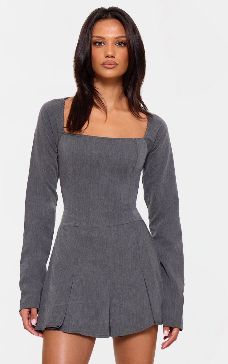 Charcoal Tailored Square Neck Woven Pleated Skort Romper | PrettyLittleThing US