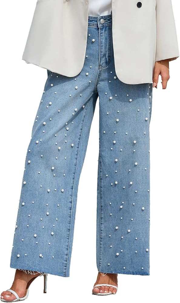 Ladyful Women's Wide Leg Pearl Jeans High Waist Boyfriend Baggy Stretchy Casual Denim Pant Trouse... | Amazon (US)