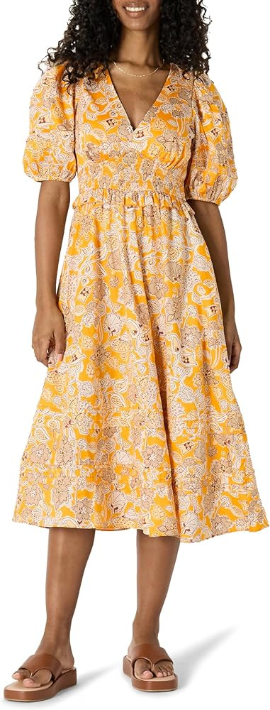 Amazon Essentials Women's Regular-Fit Cotton Sateen Puff Sleeve Midi Dress, V-Neck | Amazon (US)