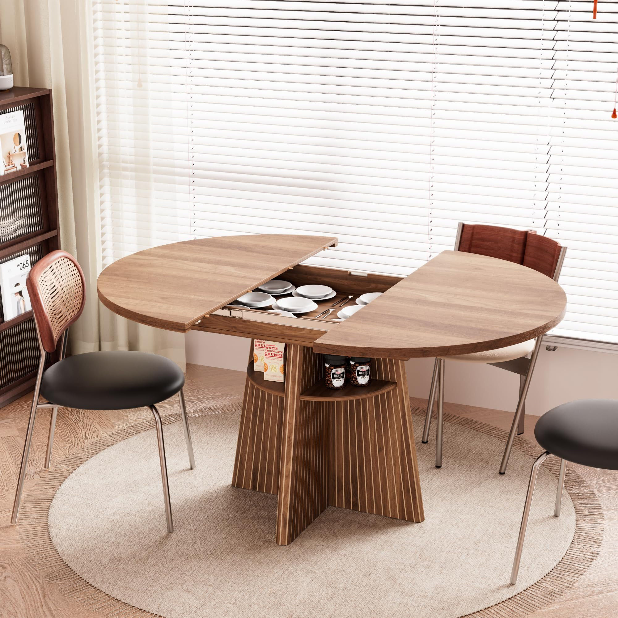 43.3in-59in Extendable Dining Room Table for 4-8, Round Expandable Kitchen Table with Fluted Base, Modern Oval Dinner Tables with 4 Storage Shelves for Kitchen Living Room (Walnut, 43.3in) | Amazon (US)