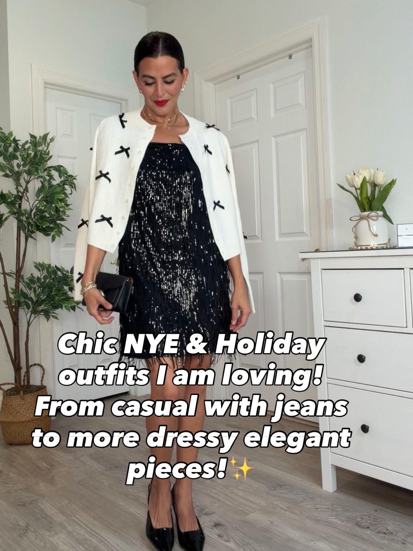 The perfect chic NYE and Holiday outfits ✨To shop:  like first then C0mment SPARKLE and I’ll send you the details in a message right away. 
Escribe ENLACES y te los envio. 

#holidayoutfitinspo #classyoutfits #zaraskort blazer style, casual outfit, jeans outfit, sequin dress, sequin skirt, chic outfits, Ralph Lauren style, cardigan