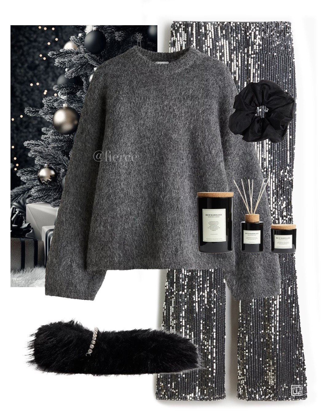 Grey mohair jumper silver sequin trousers black faux fur slippers black scented candle Christmas Day outfit 

#LTKfestive #LTKuk #LTKeurope