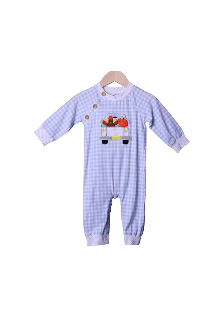 Applique Turkey Truck Blue Bitty Dot Romper | The Smocked Flamingo