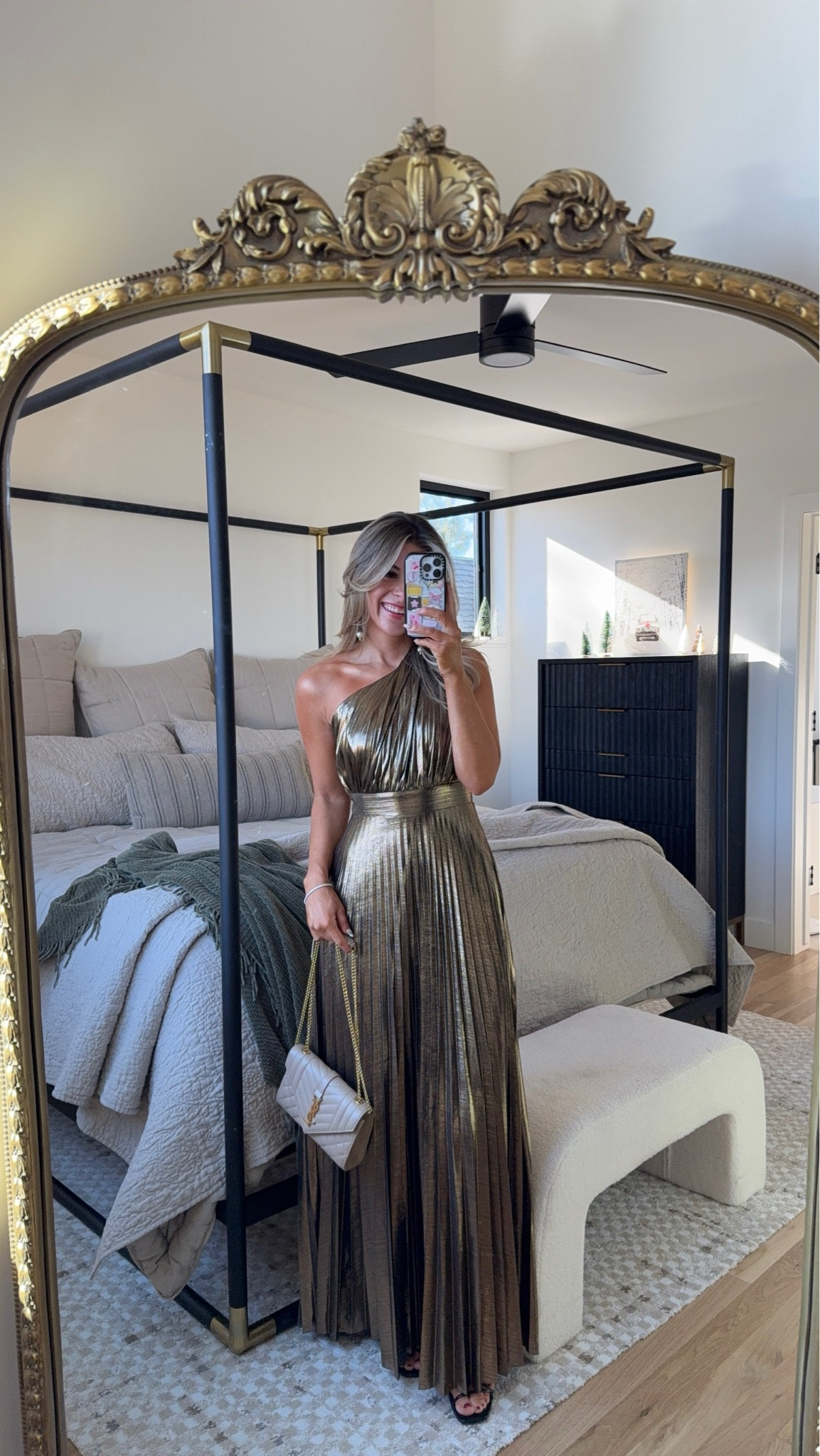 Gold one  shoulder pleated gown from Amazon holiday formal event dress 

Wearing my usual small. 

Electric picks code: emerson20

#LTKHoliday #LTKParties #LTKFindsUnder100