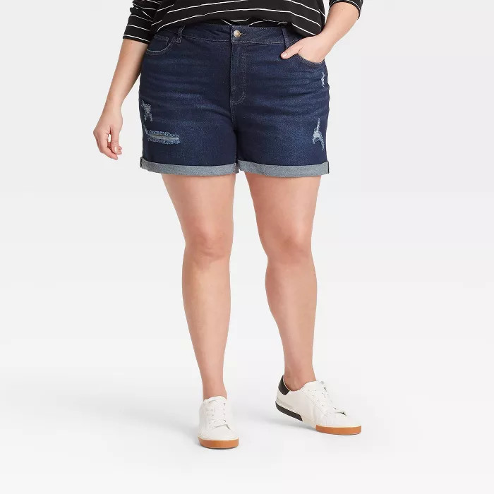 Women's Plus Size Destructed Midi Jean Shorts - Ava & Viv™ Dark Wash | Target