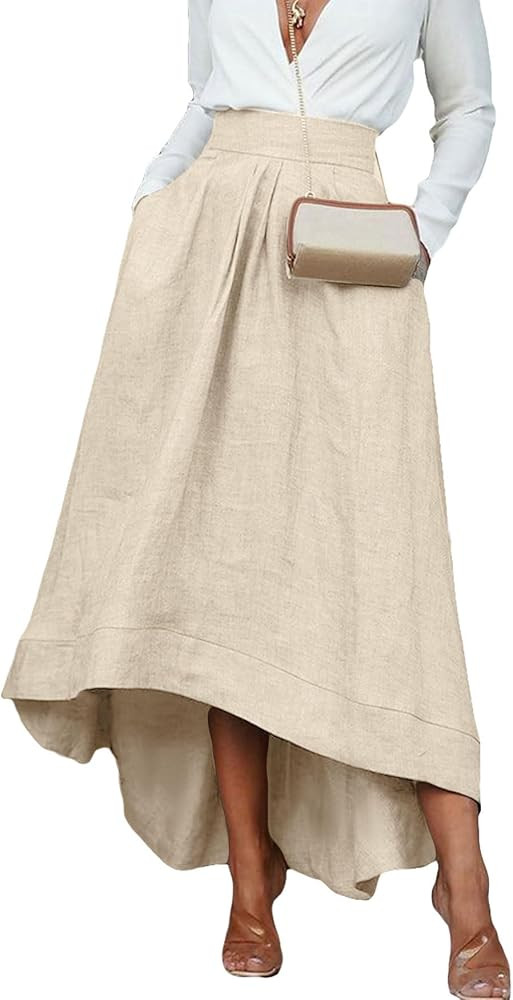 Women's Boho Cotton Linen Long Flowy Skirt High Waist A Line Asymmetric Skirt Casual Elegant Swin... | Amazon (US)