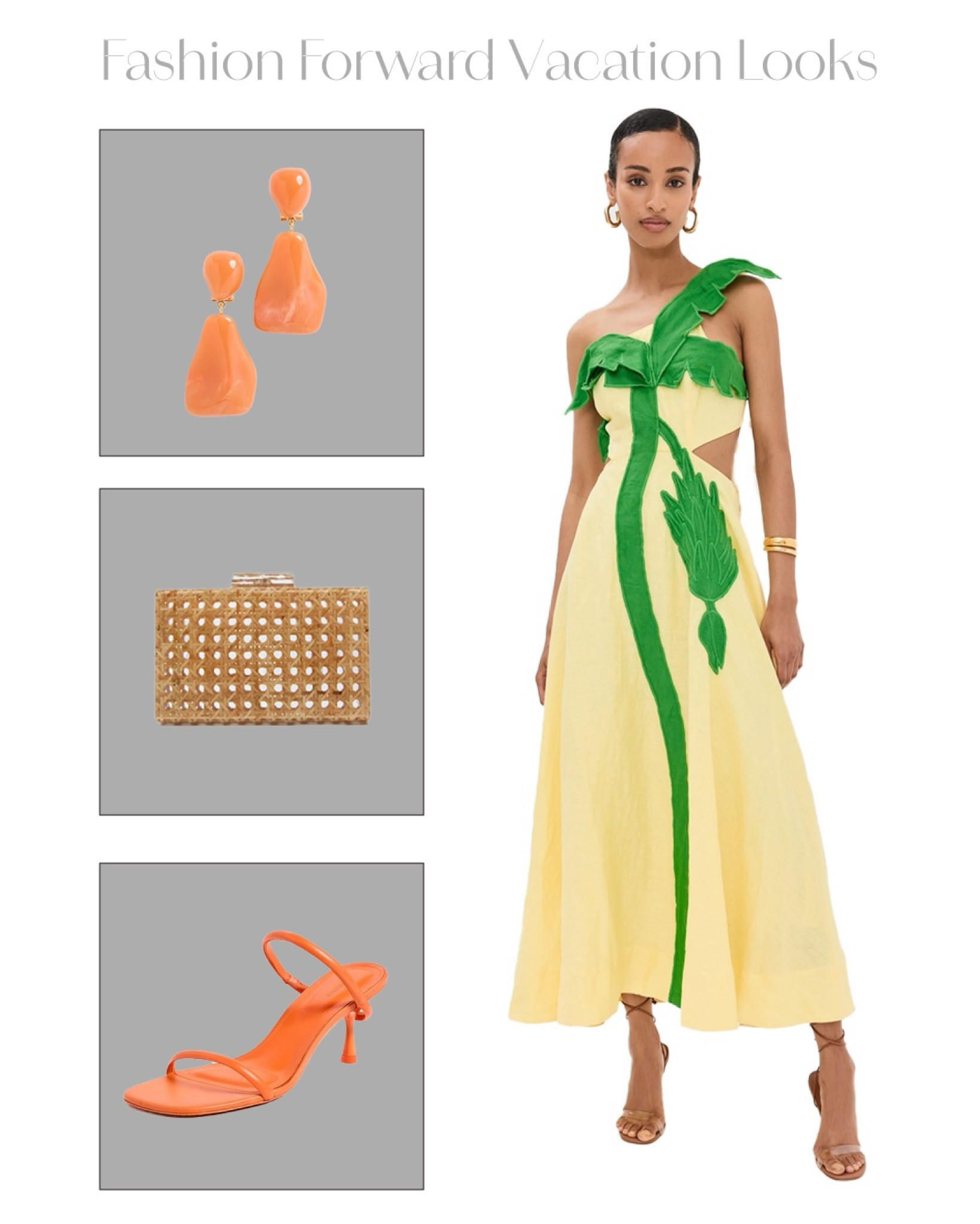 A fashion-forward vacation look bursting with orange, yellow, and green hues. The Cane Acrylic Clutch polishes off the look while bringing a mixture of textures to the outfit. 

#LTKSeasonal #LTKTravel