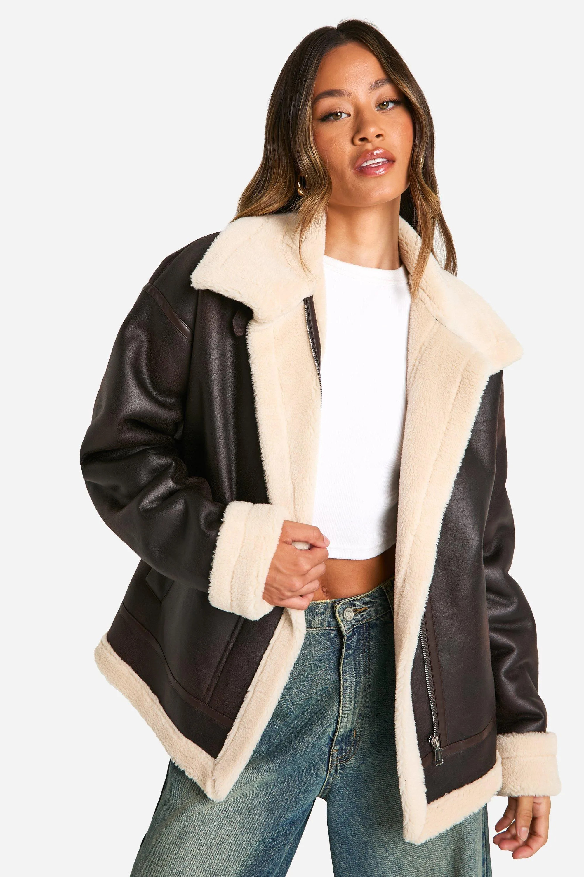 boohoo Women's Tall Vintage Faux Leather High Neck Aviator Jacket in Burgundy | Size: 4 | boohoo (US & Canada)