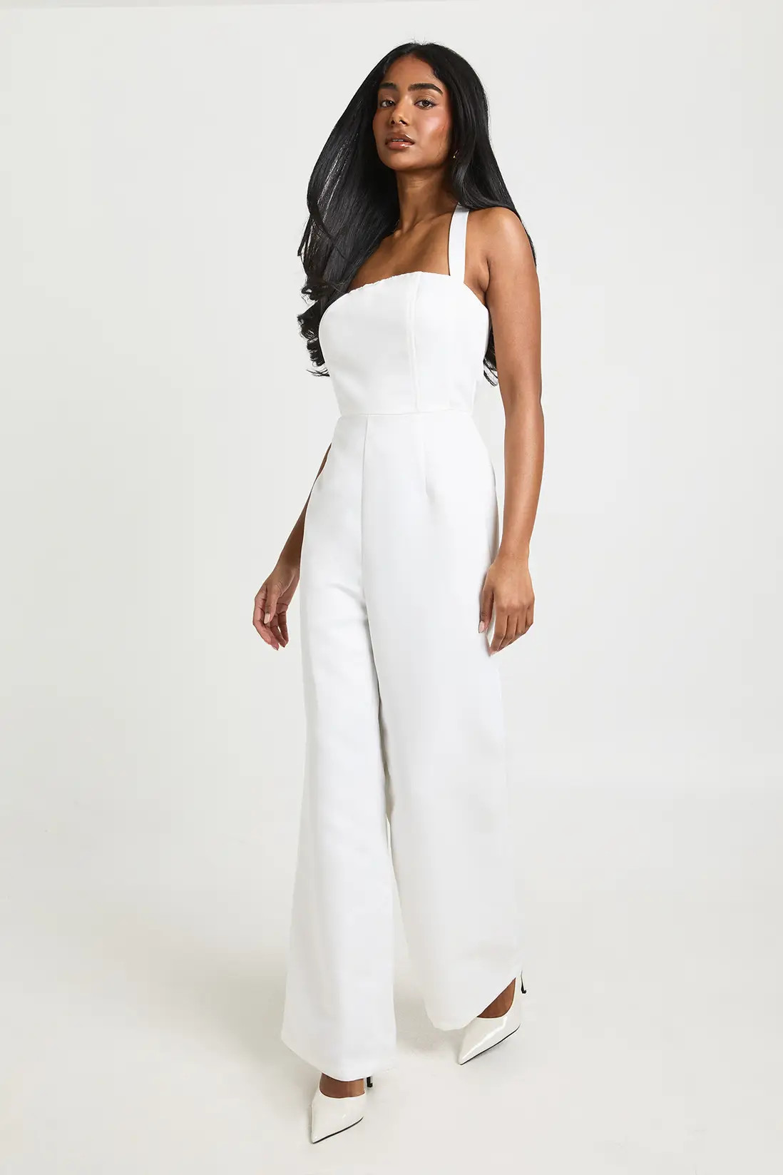 White Premium Satin Boned Corset Halterneck Wide Leg Jumpsuit | Boohoo USA | boohoo (US & Canada)