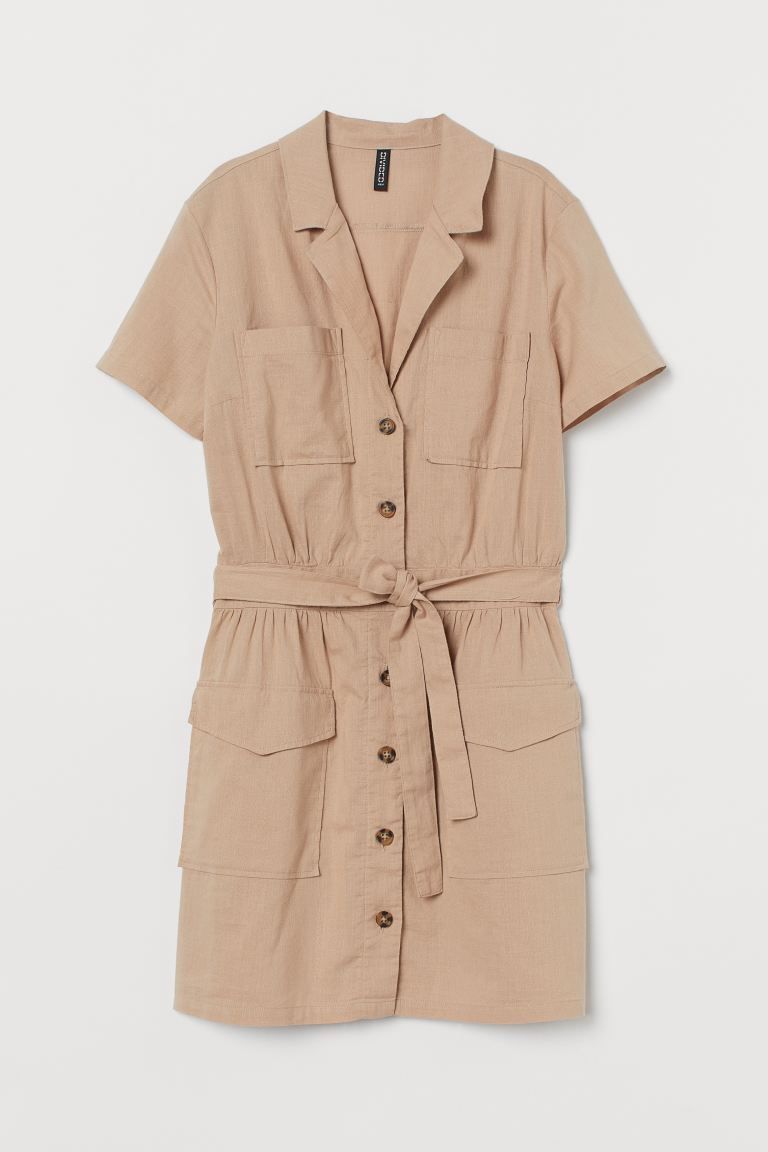 Short dress in oxford-weave cotton fabric. Notched lapels, buttons at front, and short sleeves. C... | H&M (US + CA)