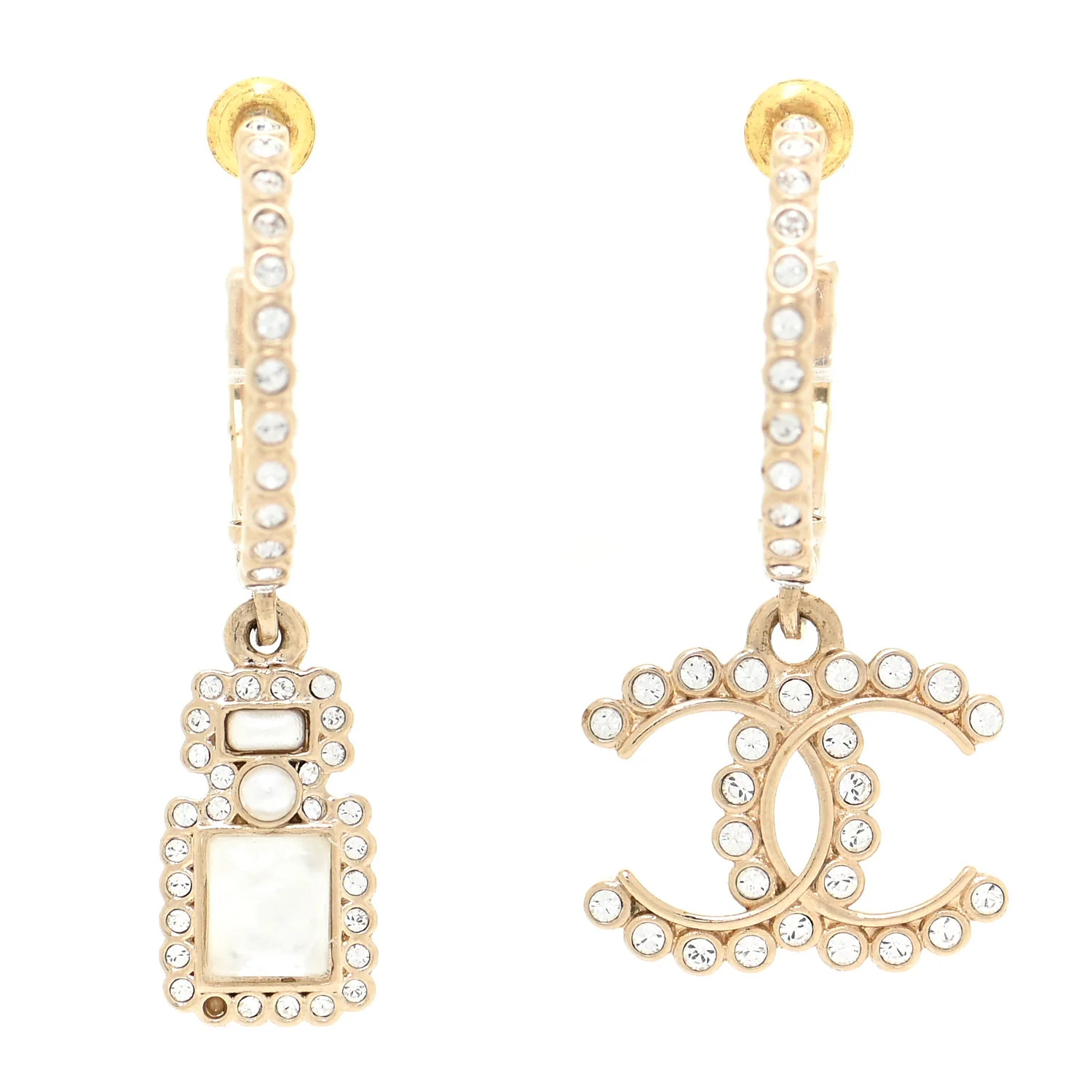 CHANEL Crystal Pearl CC Perfume Bottle Drop Hoop Earrings Gold | FASHIONPHILE (US)