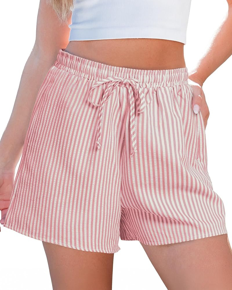 luvamia Striped Shorts for Women High Waisted Beach Casual Drawstring Pull On Elastic Waist Summe... | Amazon (US)