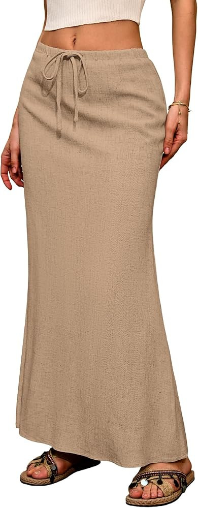 ELLEVEN Linen Flared Maxi Skirt with Back Slit - Elastic Waist Drawstring Long Flowy Ankle-Length... | Amazon (US)