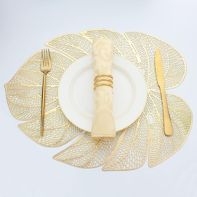 Evevda Gold Leaf Shaped Vinyl Placemats for Dinner Table Set of 8 Metallic Plastic Gold Place Mat... | Amazon (US)