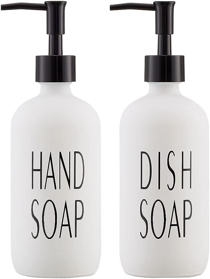 Onsogi 16 Oz White Glass Hand Soap and Dish Soap Dispenser Set with Black Plastic Pumps for Farmh... | Amazon (US)