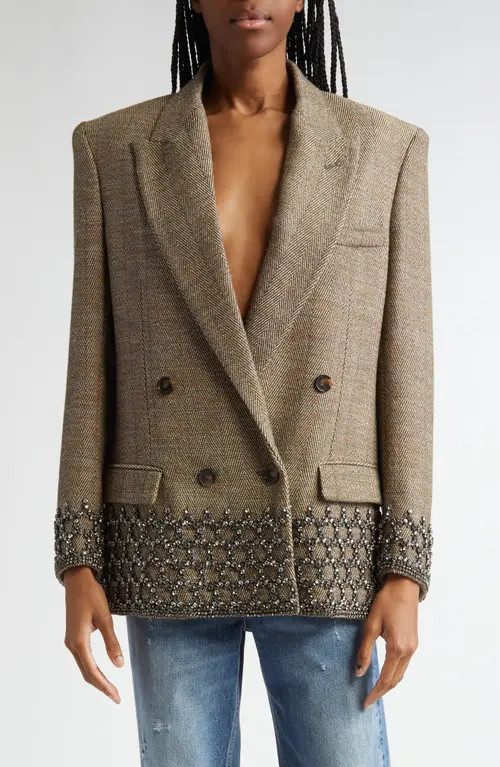 Stella McCartney Crystal Cage Oversize Herringbone Wool Blend Blazer in Chestnut at Nordstrom, Size 0 Us | Nordstrom