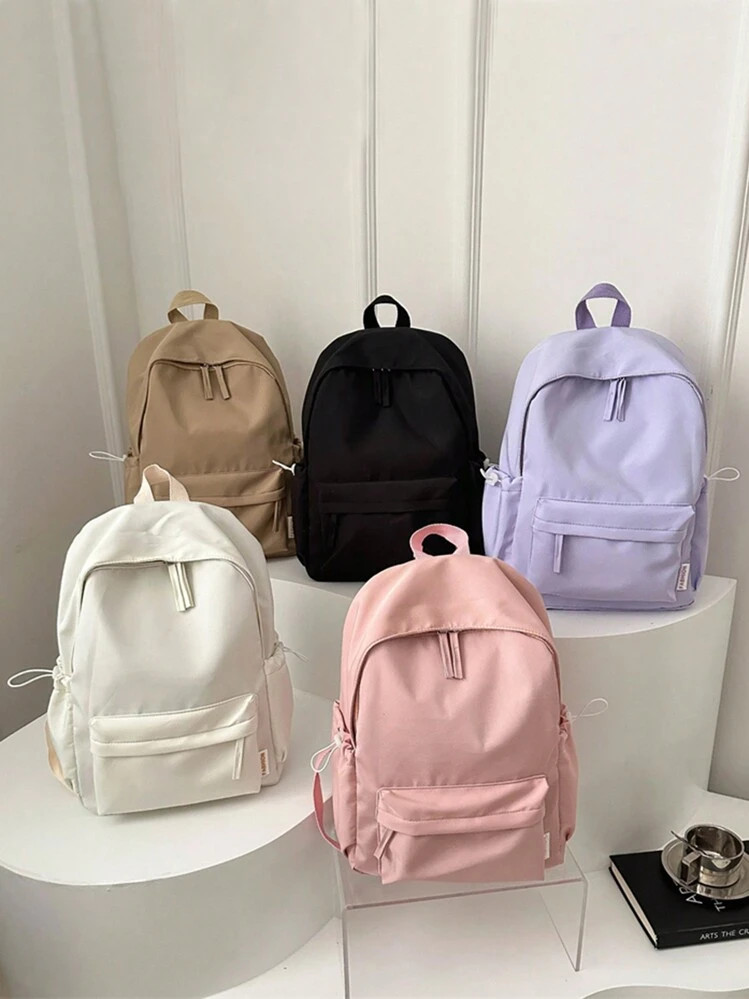 1pc Girls' Zipper Closure Simple Style Backpack, Fashionable And Versatile Solid Color School Bag... | SHEIN