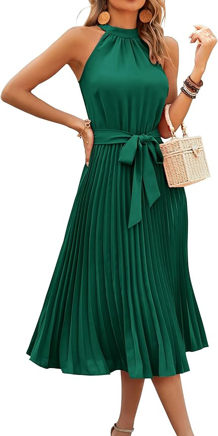 KIRUNDO Women's 2024 Summer Sleeveless Halter Neck Pleated Midi Cocktail Dresses A Line Flowy Bea... | Amazon (US)