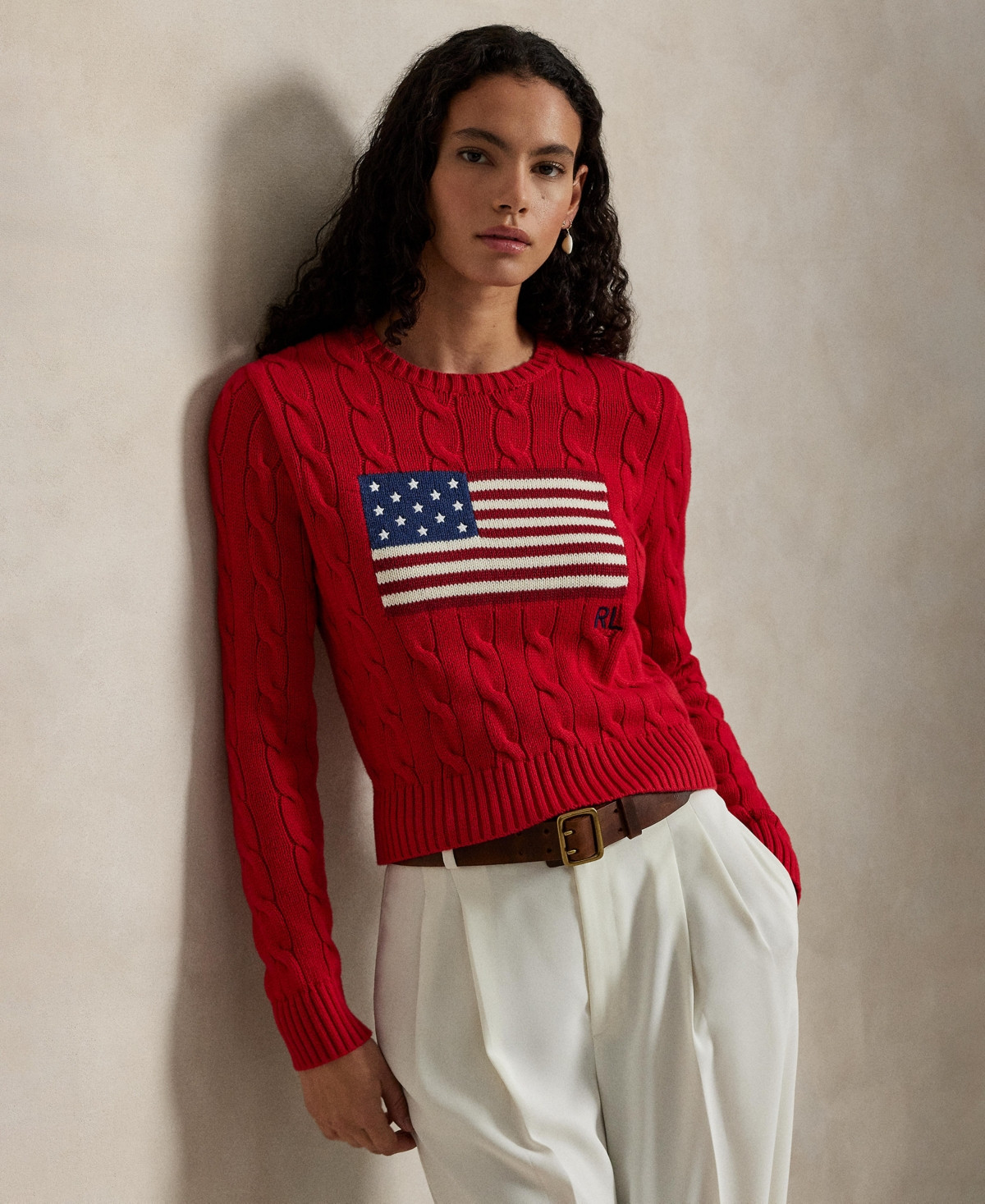 Polo Ralph Lauren Women's Flag Cable-Knit Cropped Sweater - Red | Macy's