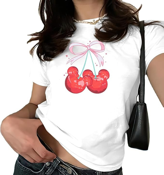 Pink Bow Cherries Shirt Women: Coquette Tops Clean Girl Aesthetic Shirts Casual Summer Short Slee... | Amazon (US)
