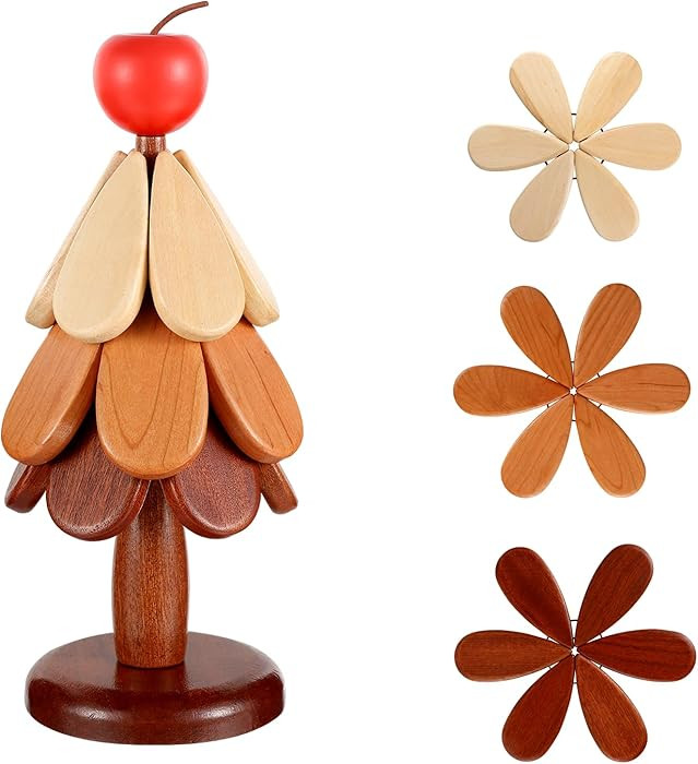 Natural Wooden Tree Trivets for Hot Dishes, Wood Christmas Tree Coaster Set of 3, Tree Shape Triv... | Amazon (US)