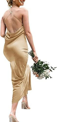 Gadylia Womens Spaghetti Strap Stain Dress Cowl Neck High Slits Cocktail Party Midi Dresses Cream | Amazon (US)