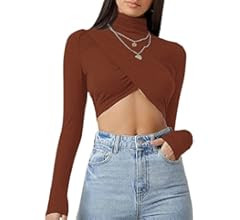 Remidoo Women's Ruched Cross Wrap Long Sleeve Turtleneck Crop Top T-Shirt | Amazon (US)