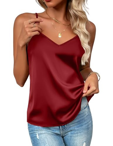 Zeagoo Women's Silk Satin Tank Tops 2025 V Neck Adjustable Spaghetti Strap Sleeveless Camisole Summer Basic Blouse Red | Amazon (US)
