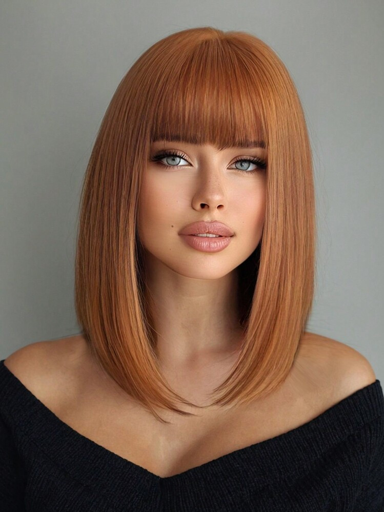 16 Inch Romantic Beautiful Synthetic Hair Wigs With Bangs Wigs For Women, Natural Brown And Orange Straight Synthetic Hair For Party Daily Use | SHEIN