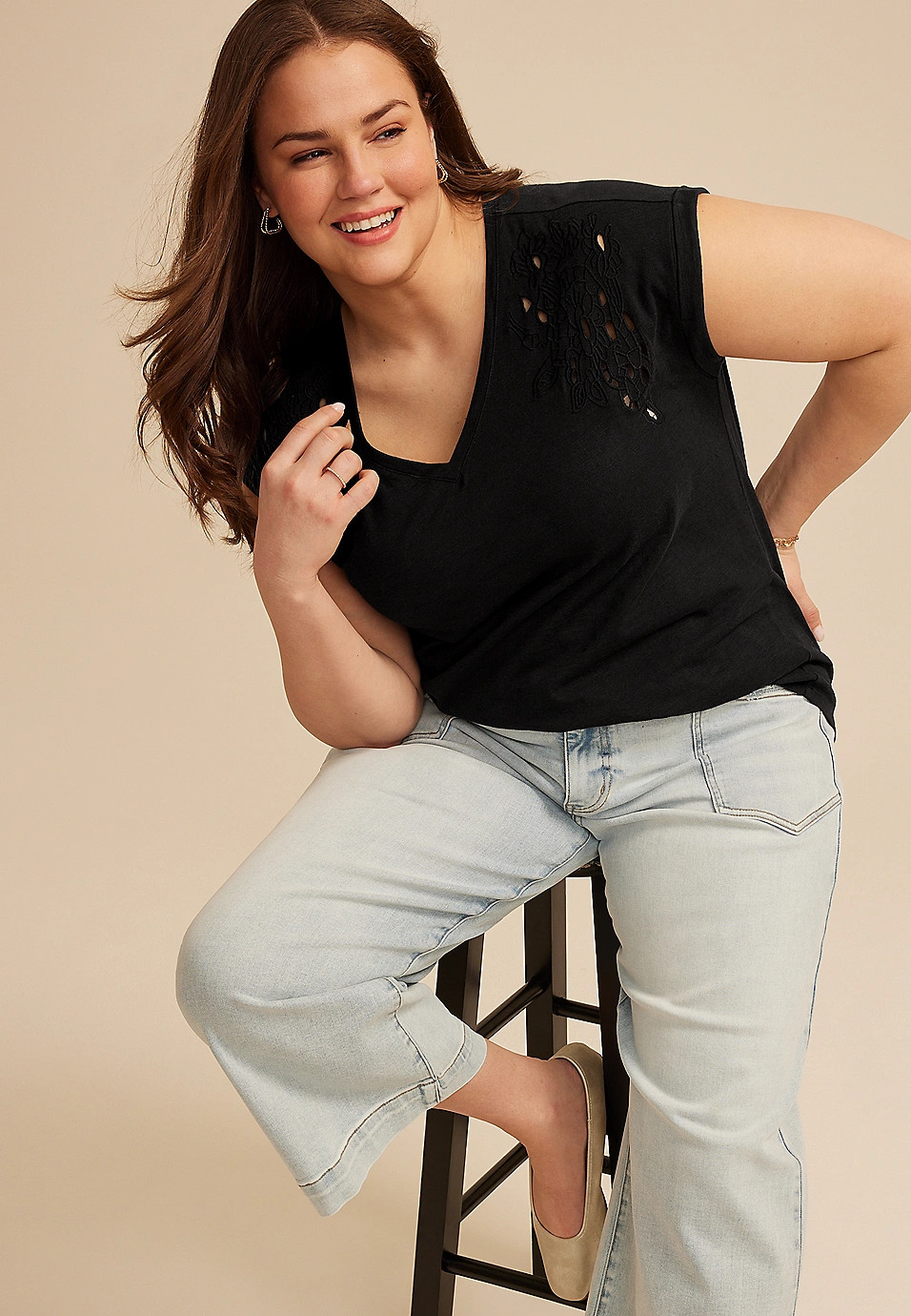 Plus Size Eyelet Cutwork V Neck Tee | Maurices