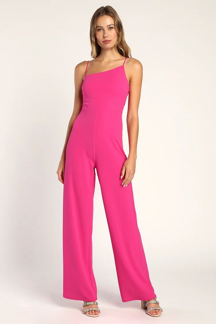 Posh Partier Hot Pink Asymmetrical Wide-Leg Jumpsuit | Lulus (US)