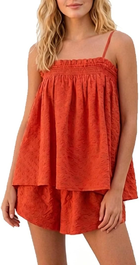 ROAONOCOMO Women Gingham 2 Piece Pajama Set Flowy Peplum Babydoll Cami Top Wide Leg Shorts Sets S... | Amazon (US)