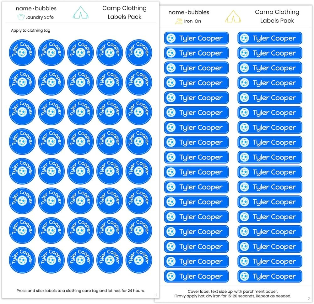 Name Bubbles Soccerball Camp Clothing Labels Pack (74 Pack) Durable Printed Labels for Overnight ... | Amazon (US)