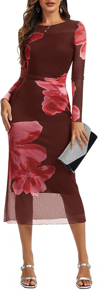 Dressystar Women’s Floral Print Bodycon Maxi Dress 2025 Summer Fall Ruched Long Sleeves Mesh Fo... | Amazon (US)