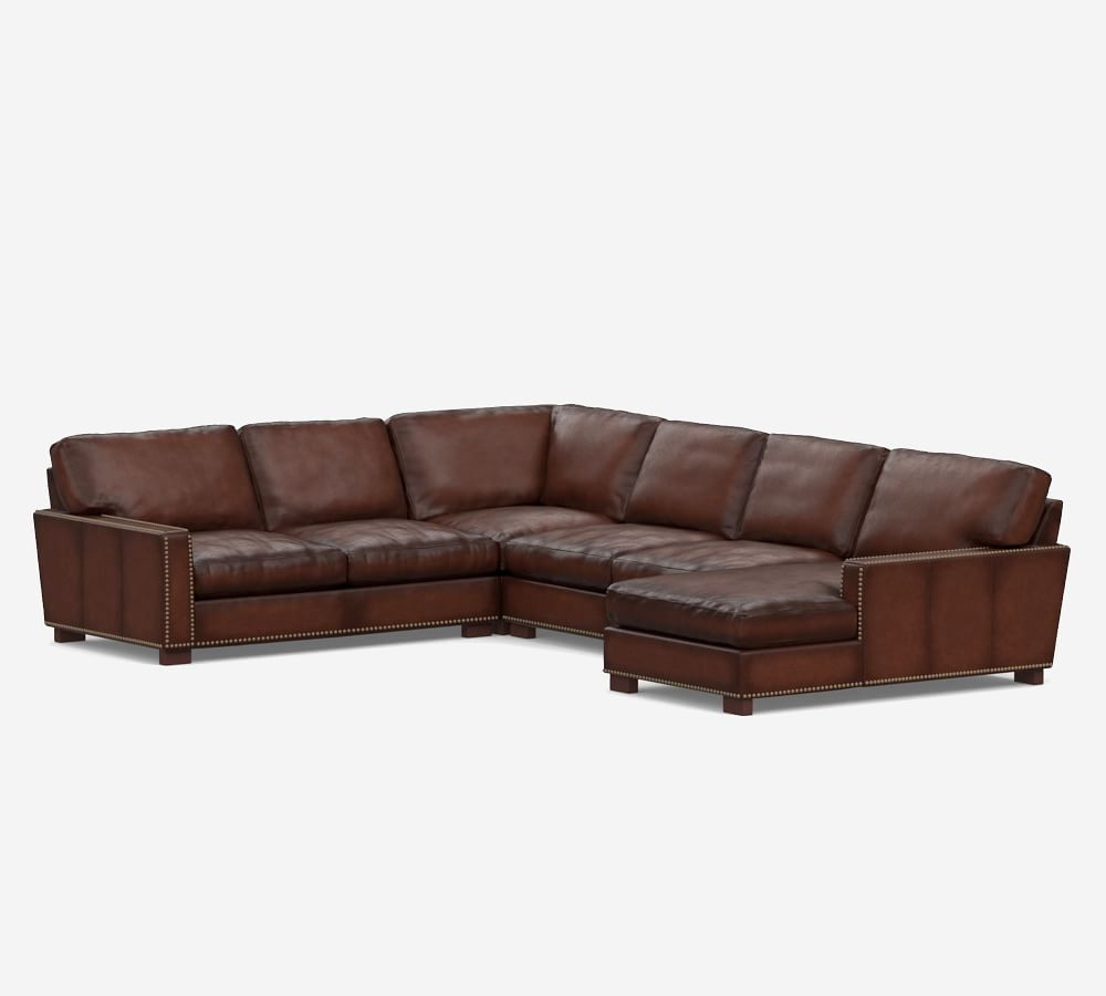 Turner Square Arm Leather 4-Piece Chaise Sectional With Nailheads | Pottery Barn (US)