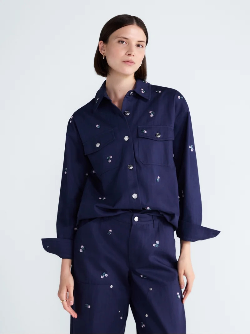 Free Assembly Women's Embellished Cotton Utility Shirt With Long Sleeves, Sizes XS-XXL | Walmart (US)