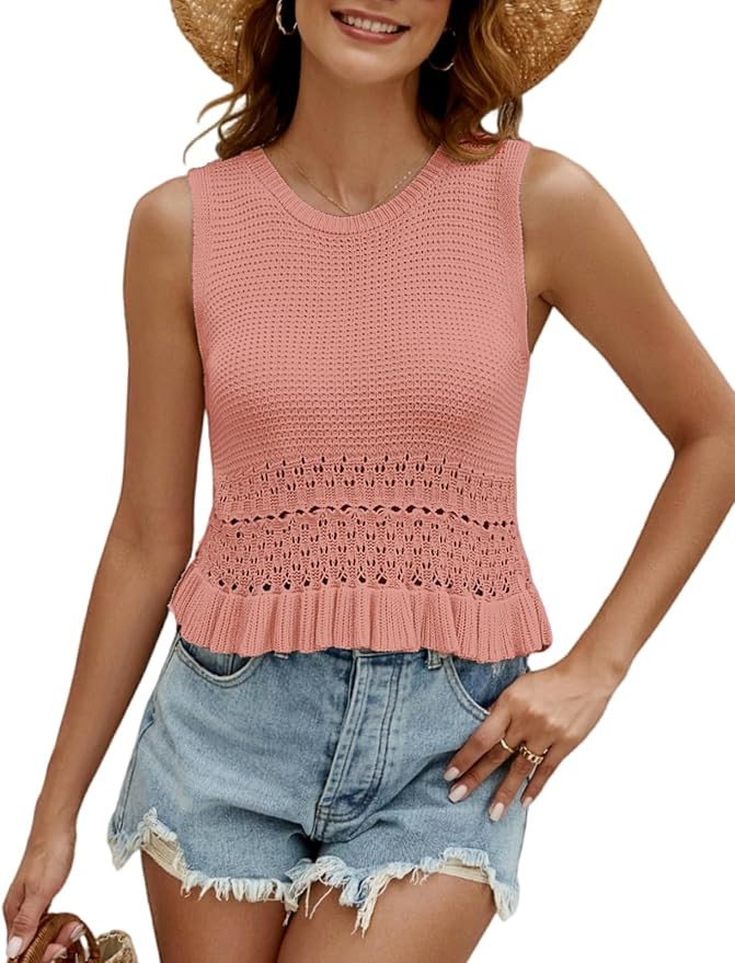 VIMPUNEC Womens Summer Crop Tank Tops Cute Knit Sweater Vest Crochet Sleeveless Pullover Top | Amazon (US)