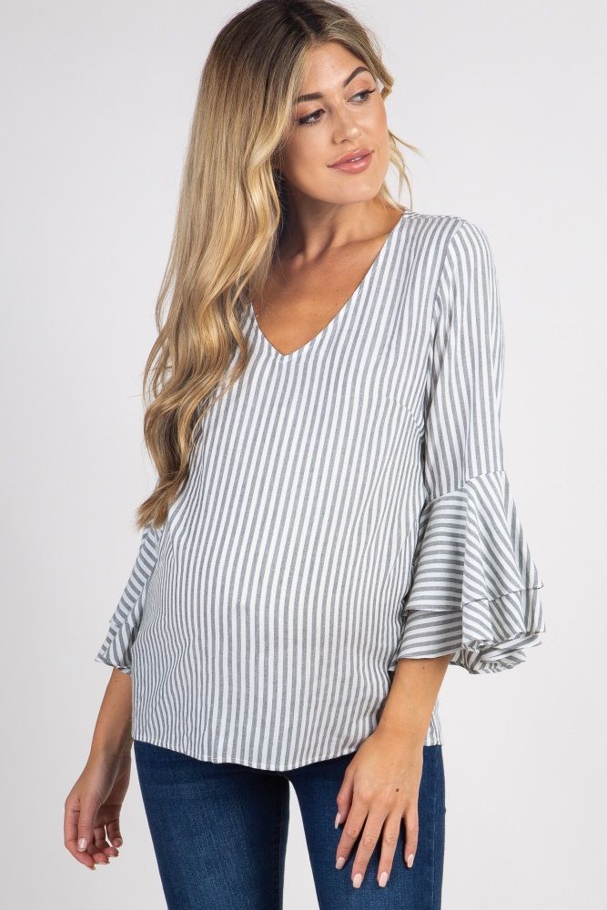 Grey Striped Ruffle Sleeve Maternity Top | PinkBlush Maternity