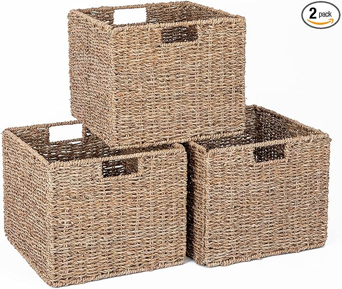 Seagrass Storage Baskets, 12X12X10in Cube Wicker Storage Basket for Shelves, Pantry Baskets Organ... | Amazon (US)