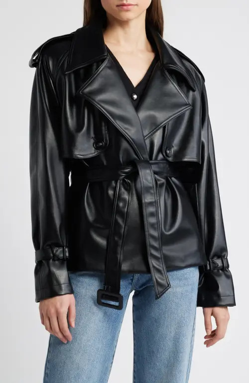 Pixie Market Tie Waist Faux Leather Trench Coat in Black at Nordstrom, Size X-Small | Nordstrom