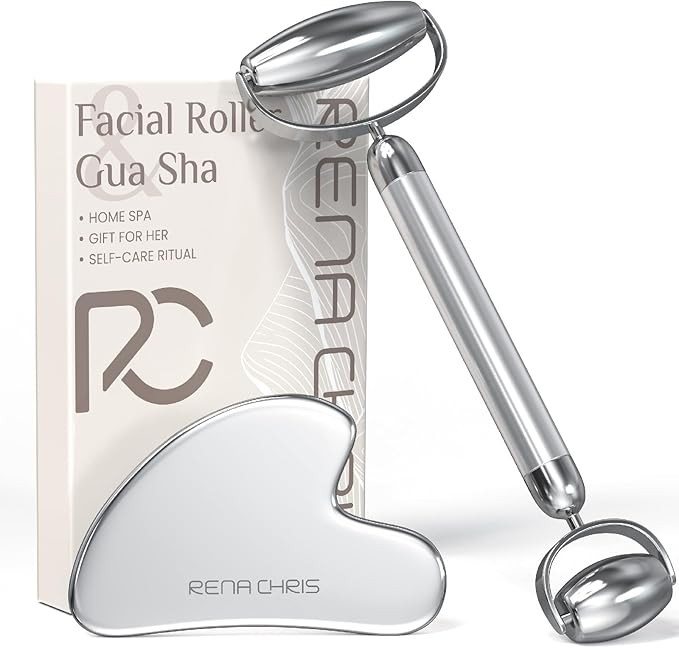 Rena Chris Gua Sha y Rodillo Facial de Acero Inoxidable, Masajeador Facial Manual & Herramienta G... | Amazon (ES)
